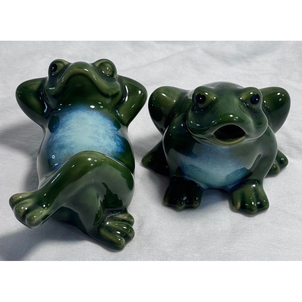 Green Blue Glazed Ceramic Frog Figurines Set 2 Reclining Sitting Garden‎ Decor